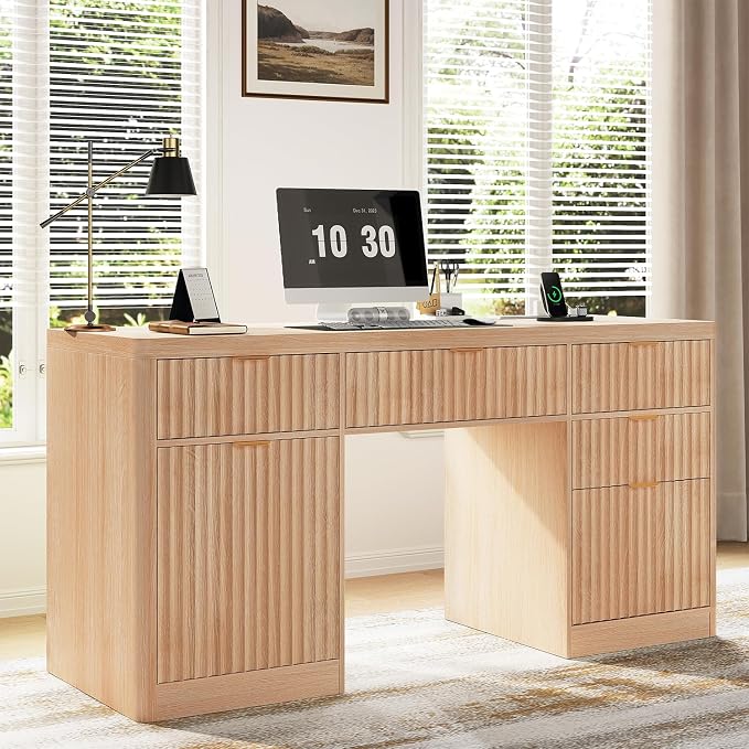 knoworld Fluted Executive Desk with Charging Station, 58" Wood Home Office Desk with 4 Drawers, 1 File Cabinet, 1 Storage Cabinet, Modern Writing Desk for Work, Living Room, Bedroom (Natural)