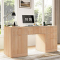 knoworld Fluted Executive Desk with Charging Station, 58" Wood Home Office Desk with 4 Drawers, 1 File Cabinet, 1 Storage Cabinet, Modern Writing Desk for Work, Living Room, Bedroom (Natural)