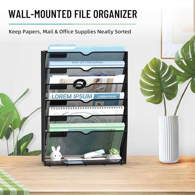 7-Tier Wall File Organizer with 5 Hooks, Wall Mounted Mail Organizer | File Holder Organizer, Metal Mesh Office Wall Organizer for Home, School & Classroom