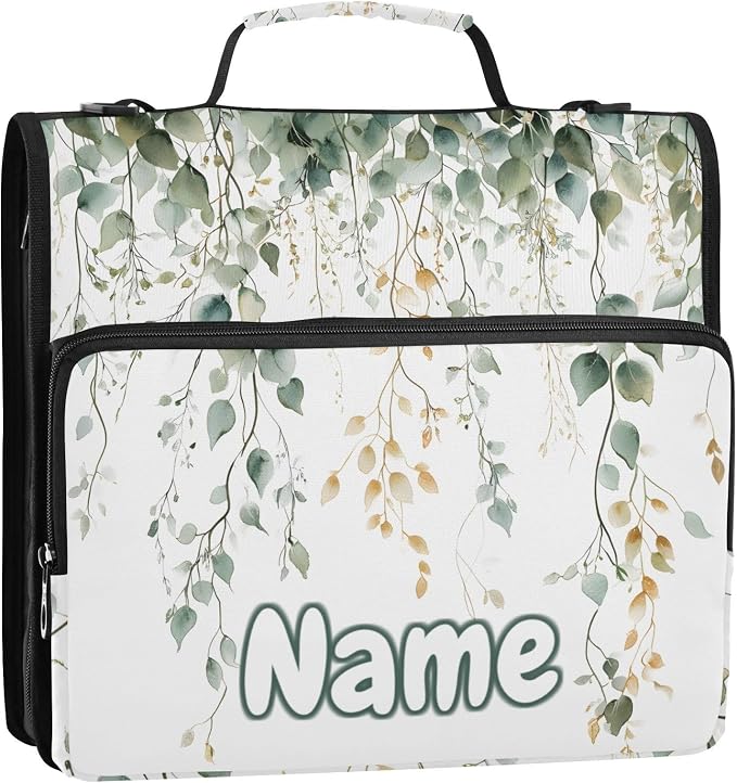 Custom Green Sage Leaves 3 Ring Binder Bag 1.5 inch Personalized Name Binder Organizer 500 Sheet Documents Storage for School Office
