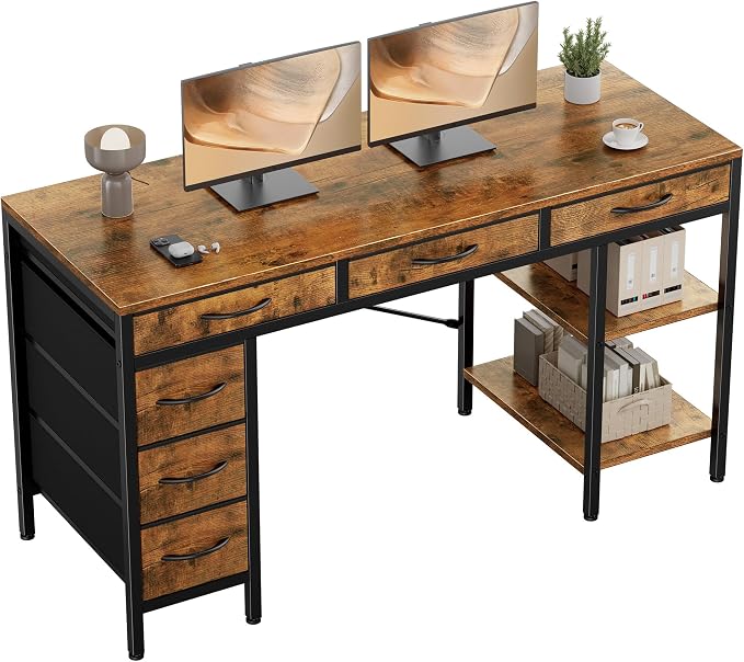 OLIXIS 55 Inch Computer Desk with 6 Fabric Drawers, for Home Office Work | 6 Fabric Drawers & Reversible Gaming Desk, Office Workstation, Corner Desk with Storage, Home Office,Living Room,Dorm, Brown