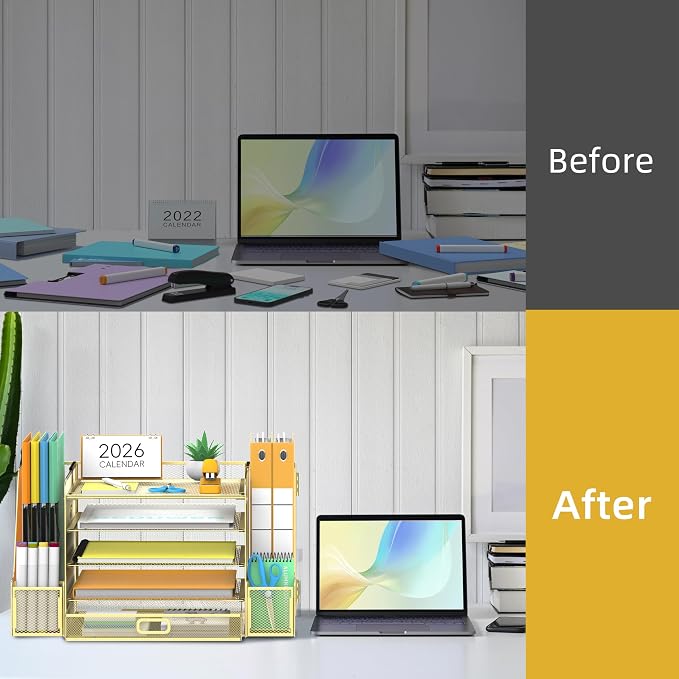 Mesh Desk Organizer with File Holder, 5-Tier Paper Letter Tray Organizer with Magazine Holder, Desktop Organizer and Storage with Drawer for Office Supplies Home or School (Golden) | Two side magazine holders and a bottom drawer store papers, folders, ...