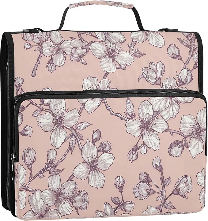 3 Ring Zipper Binder Cherry Blossoms Binder Organizer Portfolio with File and Shoulder Strap & Handle Large Capacity File Folder