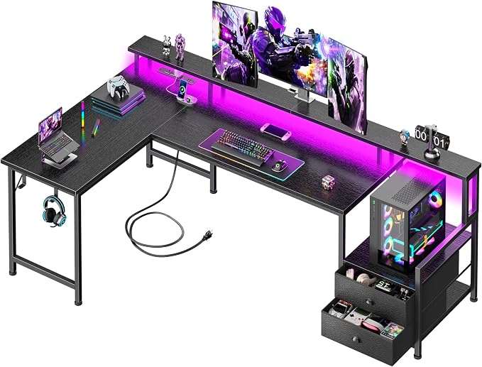 Korfile 66'' L Shaped Gaming Desk with Drawers and Storage Shelves, Reversible Corner Desk with Power Outlets and Host Stand, Large Computer Desk with Led Lights for Gaming, Work, Home Office, Black | Large Black Computer Desk with Host Stand, Reversib...