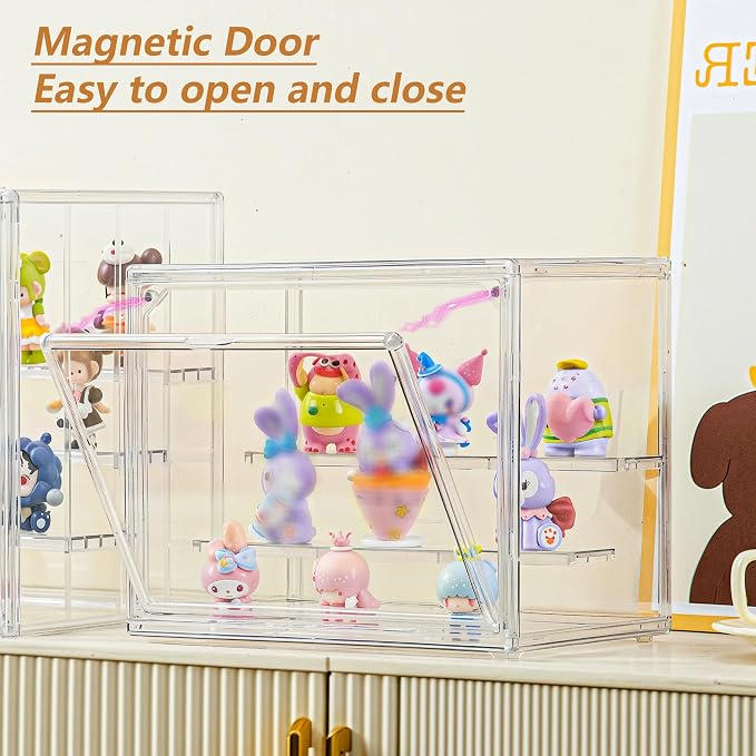 Small 3 Layer Acrylic Display Case Stackable Box for Collectibles,2 Pack | Removable Adjustable Partitions & Magnetic Door,Interlocking Stable Structure Clear Showcase for Collectibles Figure Storage