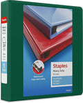 Staples Heavy-Duty 1.5-Inch 3-Ring View Binder, Dark Green, 4 Pockets | D-rings for durable everyday school and office document organization.