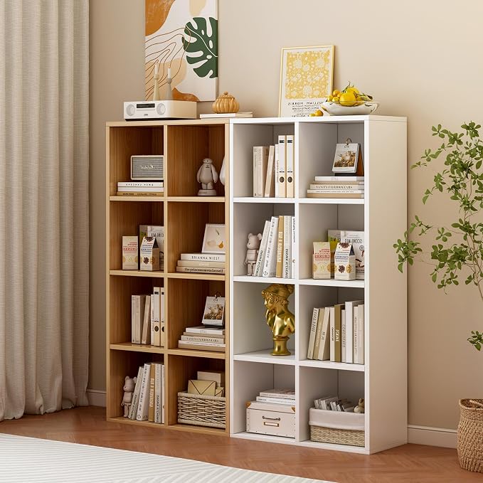 8-Cube Storage Shelf Bookcase, Oak | Wooden 4-Tier Open Bookshelf, Fits 11×11" Bins, Vertical or Horizontal Use, Full Back Panels, For Home Office