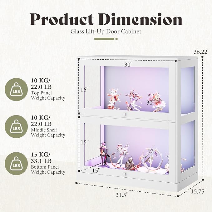 AMERLIFE RGB Display Cabinet, 32 x 16 x 36 Inch | 2-Tier Storage Case with LED Lights and 2 Glass Flip-Up Doors, White