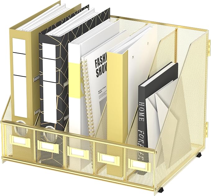 DALTACK 5-Slot Magazine File Holder, Metal Binder Holder, Gold | Iron Mesh Construction, Labeled Sections for Easy Sorting, Anti-Slip Feet, Binder and Folder Storage for Office, Classroom