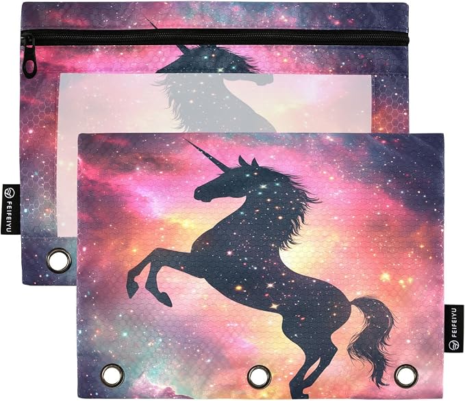 Unicorn Galaxy Sky Pencil Pouch for 3 Ring Binder, 2 Pack Waterproof Pencil Bags Clear Window Pencil Case Zipper School Office Supplies