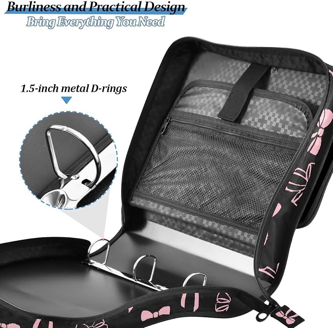 Bow Knot Pink Black Zipper Binder with Shoulder Strap Bag 3 Ring Binder Organizer Large Capacity Multiple Compartments for School Office