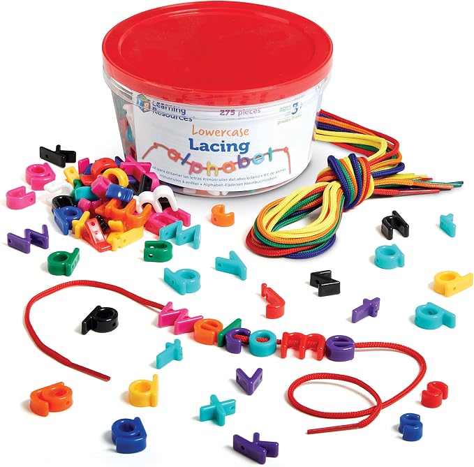 Learning Resources Lowercase Lacing Letters - 275 Pieces, Ages 3+ Toddler Alphabet Learning Toys, Preschool Games, Homeschool Supplies, Fine Motor Skills Toys, Alphabet Beads, Early Spelling