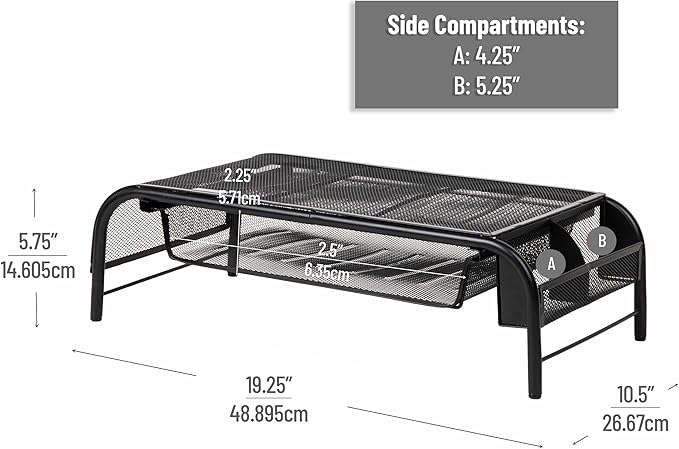 Mind Reader Monitor Stand, Ventilated Laptop Riser, Paper Tray, Office, Metal Mesh, Set of 2, Black