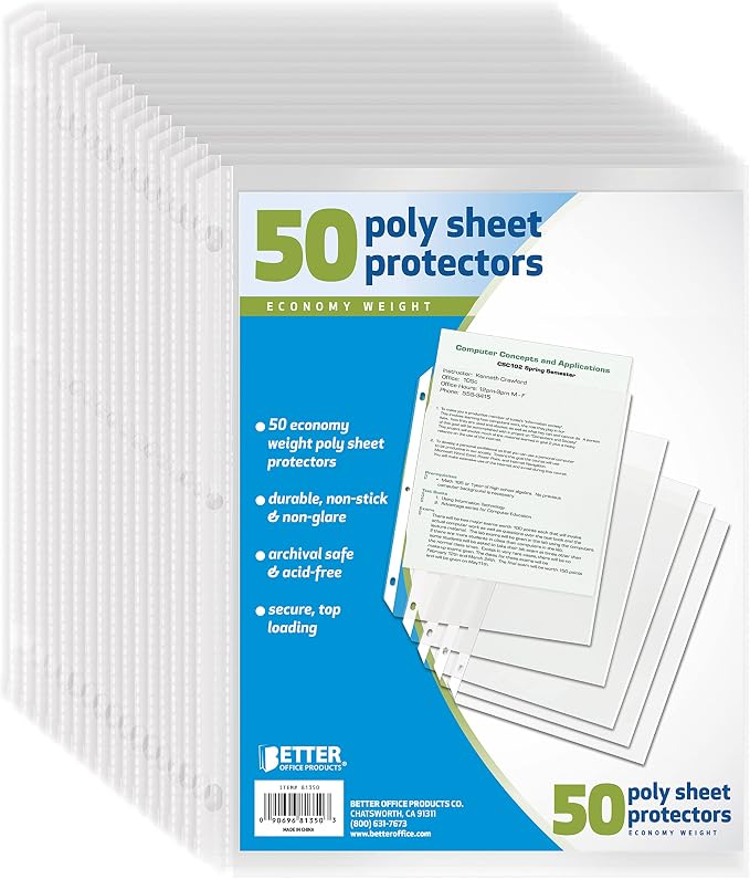 Better Office Products Clear Sheet Protectors, 50 Pack Sheet Protectors 8.5 x 11, Top Load Binder Sleeves for 3 Ring Binder, Durable Transparent Page Protectors for Office School Use