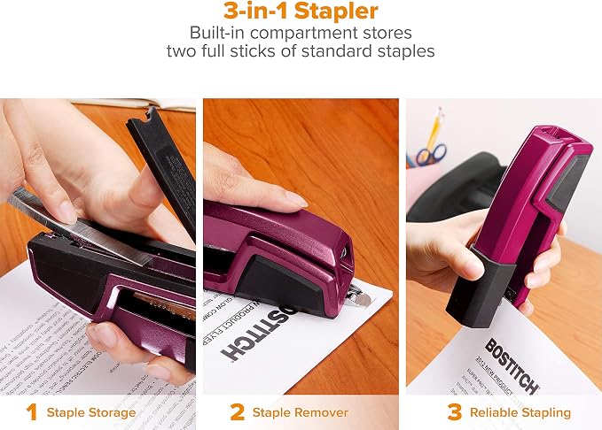 Bostitch Office Epic Metal Desk Stapler, 25 Sheet, Staple Remover, Purple | Die-cast body opens 180 degrees for bulletin boards, with a temporary stapling option and a hidden slot for backup fasteners.