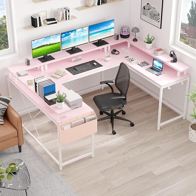 Reversible u Shaped to l Shaped Computer Desk with RGB Lighting & Charging Station, 79 Inch Home Office Workstation with Full Monitor Stand, Heavy Duty Gaming Desk Supporting 600LBS, Multiple Color Op