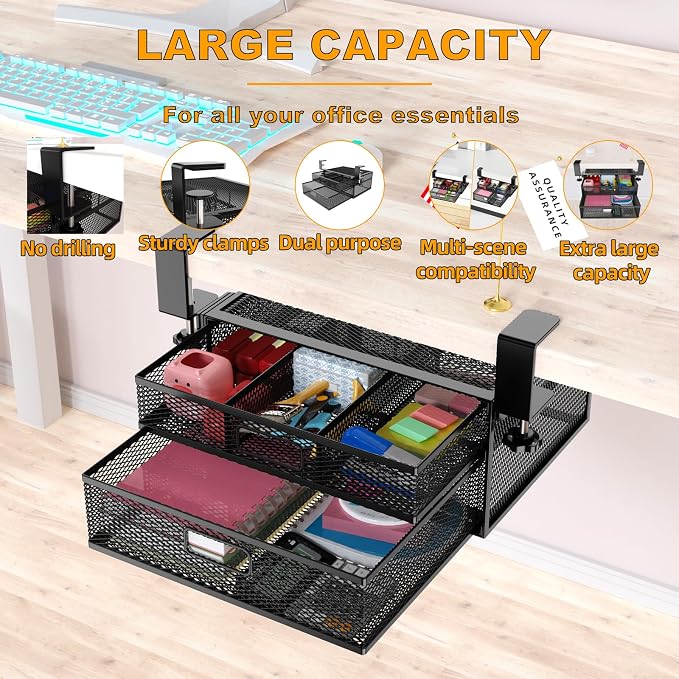 Under Desk Drawer Organizer No Drill Metal Under Desk Storage Drawer Container 2 Slide Out Cabinet Drawer Suitable for Home And Office (Medium)