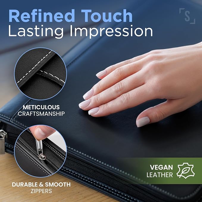STYLIO Black Zipper Padfolio Portfolio Binder w/Carrying Handle | Organizer for Documents, iPad, Tablet, Notebook | Business Leather Binder for Men Women (No 3-Ring Binder)