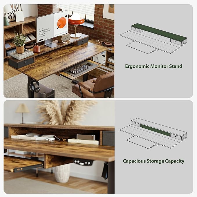 Agilestic Electric Standing Desk with 2 Drawers and Keyboard Tray, 55 x 24 Inches Ergonomic Adjustable Height Desk with Storage, Sit Stand up Computer Workstation, Rustic Brown