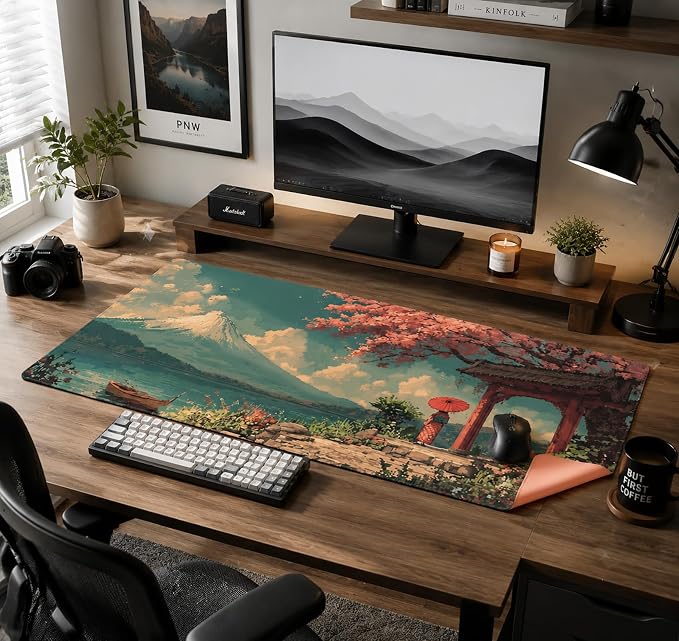 31.5x15.7 Inch Cherry Blossom Japanese Mouse Pad, Large Extended Desk Mat | Pink Double-Sided Design with Stitched Edges, Waterproof Non-Slip Keyboard Mouse Pad for Gaming, Office & Laptop Setup