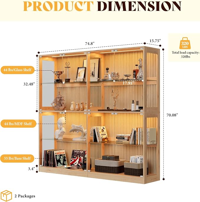 AMERLIFE 75-Inch RGB Display Cabinet with Glass Shelves | 70 H x 75 W x 16 D In, 4-Tier Storage, RGB LED Lights, Press-to-Open Doors, for Collectibles, Wood-Grain Slatted Finish