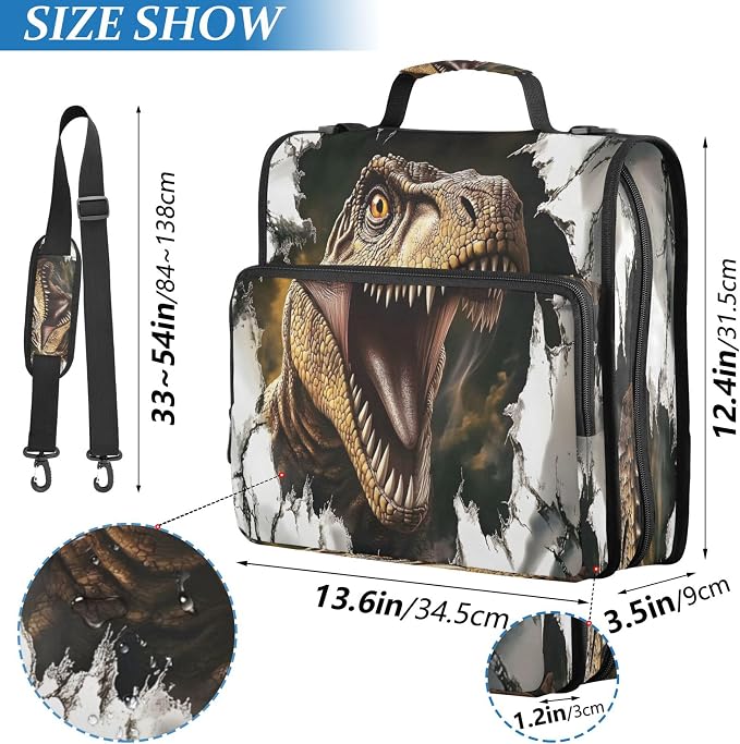 3 Ring Zipper Binder Dinosaur Binder Organizer Portfolio with File and Shoulder Strap & Handle Large Capacity File Folder