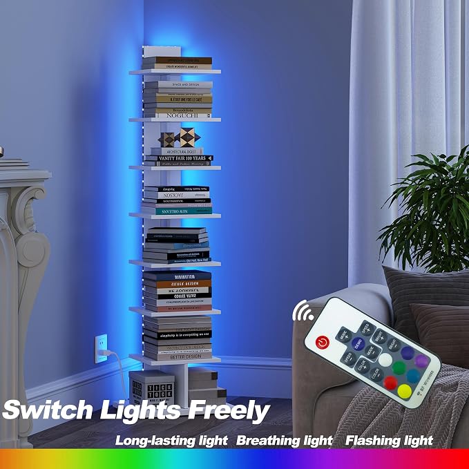 TUTOTAK Book Shelf, Narrow Spine Bookshelf, 8-Tier Bookcase with LED Lights | 10.4 x 13.4 x 47.5 Inches Vertical Freestanding Corner Shelf for Living Room, Office, Small Space, White BS06BW008L
