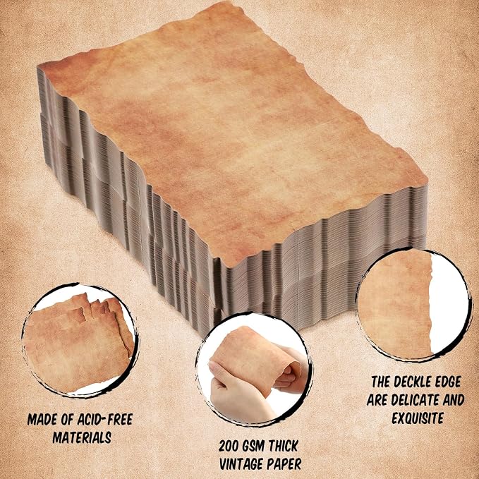 Harloon 200 Pcs Vintage Old Looking Cotton Watercolor Paper Cardstock Blank 200 GSM Thick Antiqued Deckle Edge Virgin Paper for Drawing Writing Printing Invitations Greeting (4x6 Inch)