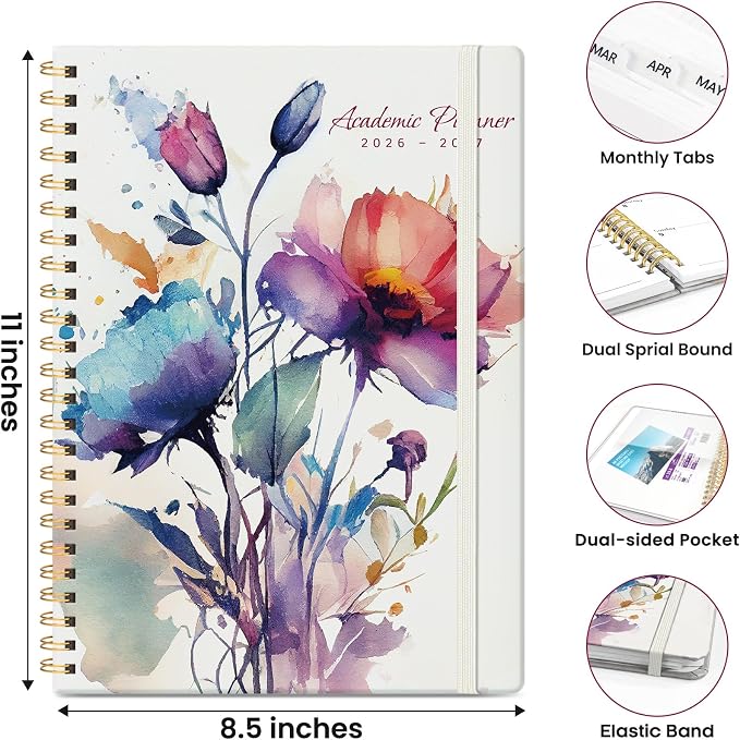 ZOTIA Academic Planner 2026-2027, Monthly & Weekly Jul 2026-Jun 2027 | Painted Bloom, 8.5" x 11" Calendar Planner for Women, Hardcover Pretty Organizer for Women, School Office Home Supplies