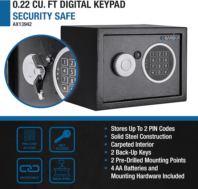 Barska Digital Keypad Home & Office Steel Security Safe Lock Box with Deadbolts - 0.22 Cu Ft Compact - Safe Box