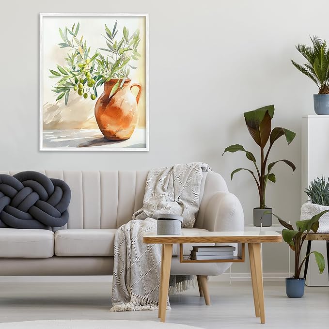 'Olive Branch in Terracotta Vase'| Framed Giclee Art | Stupell Industries | White, 24 x 30 Inches, Easy to Hang and Sturdy, Made in USA, by LSR Design Studio