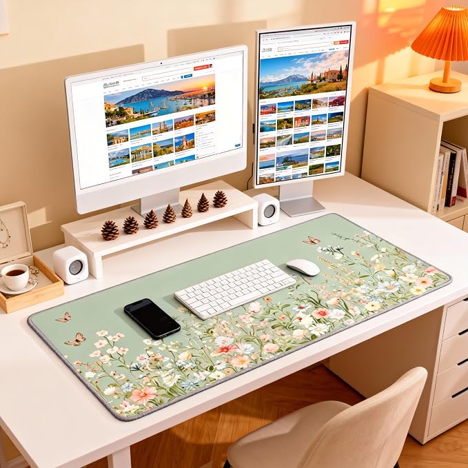 Cute Floral Aesthetic Wildflower Gaming Mouse Pad, Sky Blue Macaron Desk Mat with Anti-Slip Base & Stitched Edges, Computer Keyboard & Laptop Pad, 35.4" x 15.7" in in Workstation Accessories