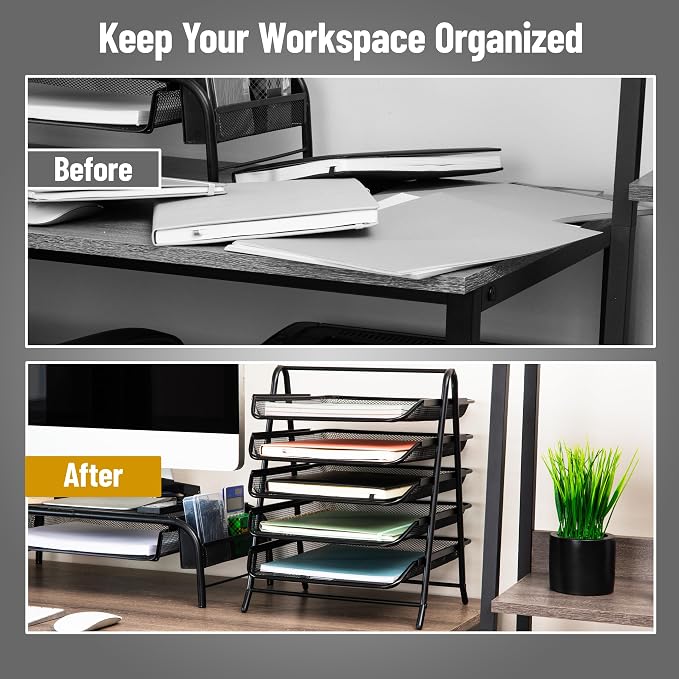 Mind Reader 5-Tier Paper Tray, Desktop Organizer, File Storage, Office, Metal Mesh, 11.75"L x 14"W x 15"H, Set of 2, Black