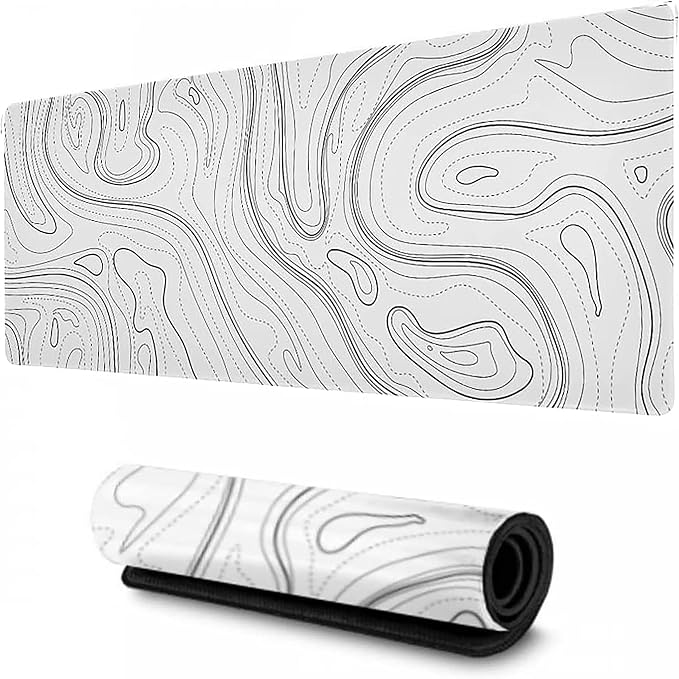 Large Extended Gaming Mouse Pad XXL 35.4x15.7 Inch, White Topographic | White Topographic Desk Mat with Waterproof Non Slip Rubber Base, XXL Keyboard Mouse Pad for Computer, Laptop, Office & Gaming