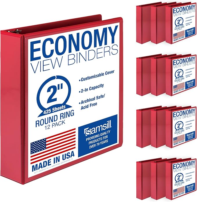 Samsill 2 Inch 3 Ring Binders, Economy Round Ring, Clear View Cover, 425 Sheet Capacity - for School, Home, Office - Red, 12 Pack