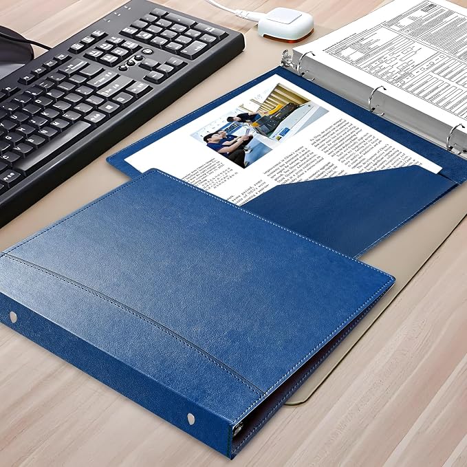 Vintage Faux Leather 3-Ring Binder, 2-Inch Spine, Round Ring, Fits Letter Size 8.5" x 11" Paper, Built-in Interior Pockets, Professional Document Binder (Blue, 2 Inch)