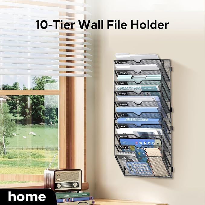 10-Tier Wall File Organizer and Hanging File Organizer, Black, 2Pack | Wall Organizer and Wall Mounted File Holder with 10 Pockets and Label Panels for Files, Mail, Folders, Magazines and Paper