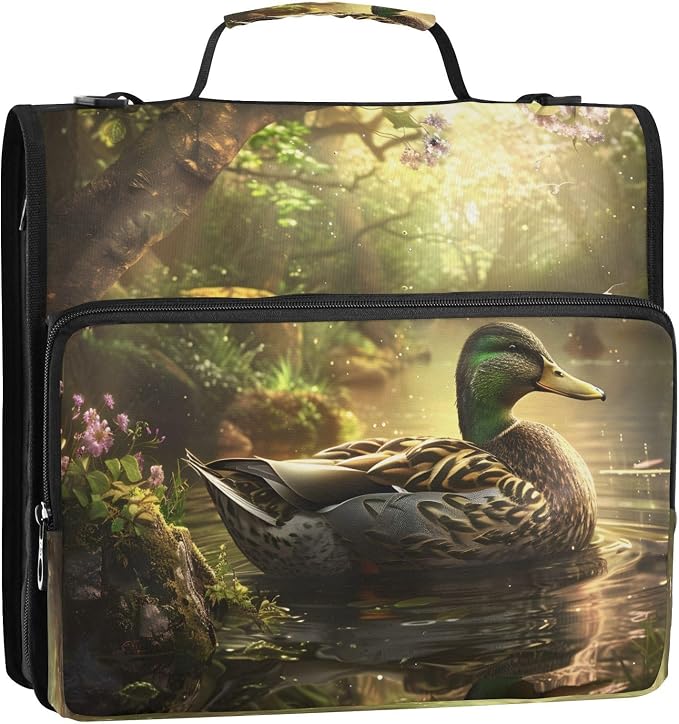 ALAZA Zipper Binder 3 Ring Vintage Mallard Duck Binder Organizer with Zipper and Shoulder Strap Large Capacity Multi-Pocket Trapper Keeper File Folder for Office Supplies