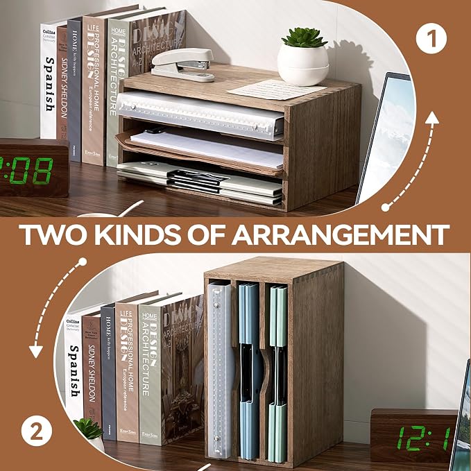 KIRIGEN Wooden Desk Organizer 3-Tier Letter Tray and Paper Sorter, Brown | Solid Wood Paper Tray Document Holder Organizer for Letters, Files, Folders, Mail, Magazines and Office Supplies