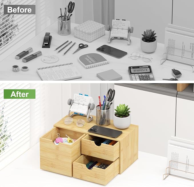 Bamboo Desk Organizer with Drawers, Desktop Storage Box for Office Supplies | 3 Drawers Desktop organizer, No Assembly Required, Natural Wood Wooden Desktop Drawers for Bills, Cosmetics, Seals, Paper