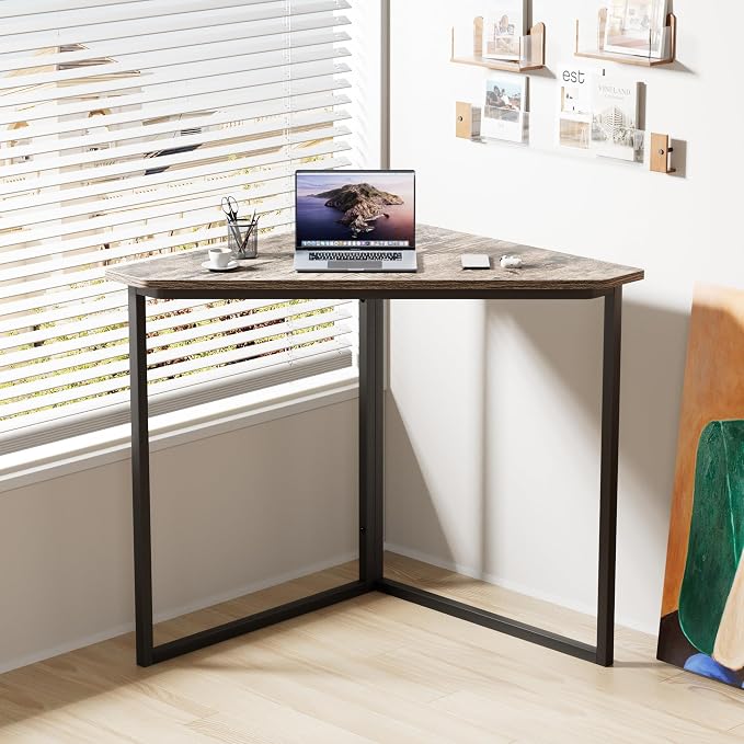 VECELO Corner Desk,Office Tables for Living Room for Small Space Triangle Computer Desk with Steel Frame Corner Shelves with Metal Frame Writing Desk for Workstation Classic Grey 30.5"