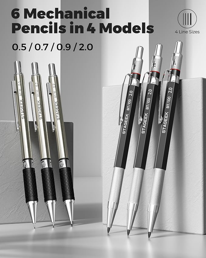 STAGEEK Mechanical Pencil Set with Leather Bag 30 Count, Drawing Pencils 0.5, 0.7, 0.9MM & 3PCS 2MM Sketching Pencils with 464PCS Lead Refills (6B 4B 2B HB 2H 4H Color) for Artist Drafting Drawing