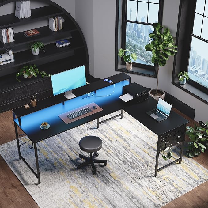 Pamray 64 Inch L Shaped Gaming Desk with Monitor Stand and Power Outlets | Large Corner Computer Desk With Pegboard & Led Lights USB Charging Ports for Home Office Study and Writing Bedroom and Dorms