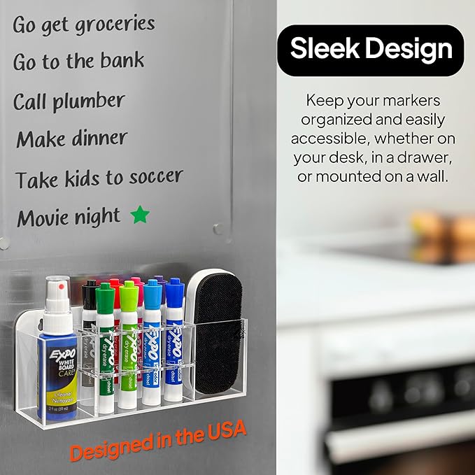 Strong magnetic dry-erase whiteboard holder, 8-slot acrylic pen organizer with glass and wall mounting hardware for refrigerator, office, and classroom. Markers, Eraser, Cleaner Not Included (Clear)