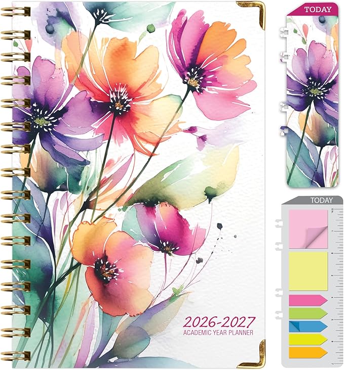 HARDCOVER Academic Year 2026-2027 Planner: 14 Months (May 2026 Through June 2027) 5.5"x 8" Daily Weekly Monthly Planner Yearly Agenda. Bookmark, Pocket Folder and Sticky Note Set (Rainbow Floral)