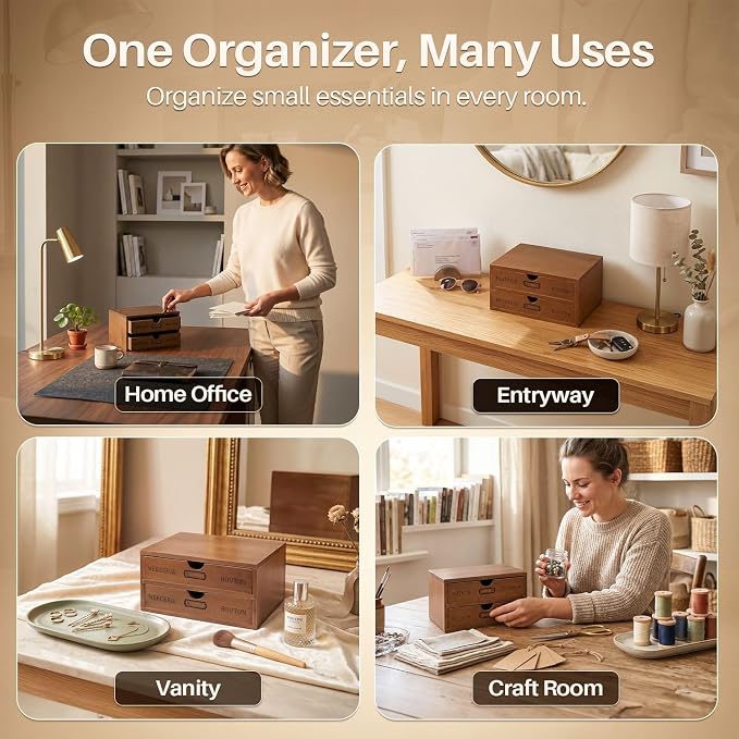Flexzion Wooden Storage Box with 2 Drawers, Vintage Desktop Organizer | Compact Desk Organizer with Drawers for Office Supplies, Mail, Crafts and Vanity Items; 9.6 X 6.6 X 4.9 In; Fully Assembled