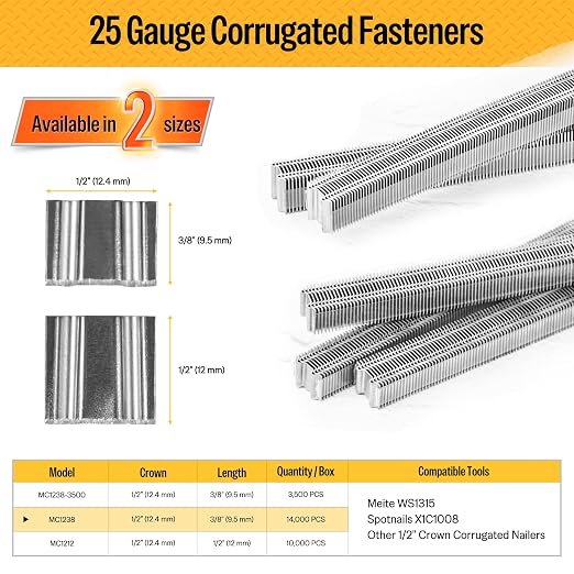 meite Corrugated Fasteners MC1238, 1/2-Inch Crown, 3/8" Length, 14,000 PCS | 25 Gauge Corrugated Staples, W Staples, for Pneumatic Corrugated Tools, for Woodworking Projects