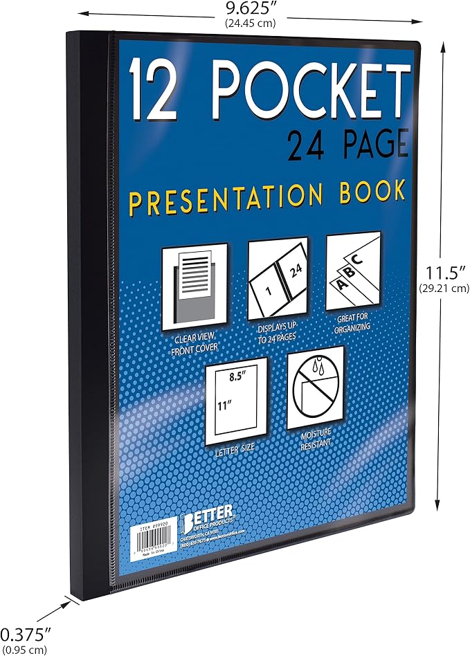 Better Office Products 12 Pocket Bound Presentation Book, Assorted Colors, Clear View Front Cover, 24 Sheet Protector Pages, 8.5" x 11" Sheets, Art Portfolio, Poly Covers, Letter Size (12 Pack)
