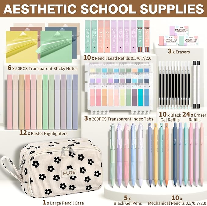 62PCS Aesthetic School Supplies Cute Back to School Supplies Stationary Set | College Preppy Essentials Kit with Large Pencil Pouch Case, Pastel Highlighters Gel Pens Mechanical Pencils for Student Girls
