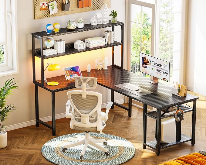 ODK 61 Inch L Shaped Gaming Desk with Hutch & Headphone Hook | Black Corner Computer Table with LED Light and Storage Shelves for Home Office